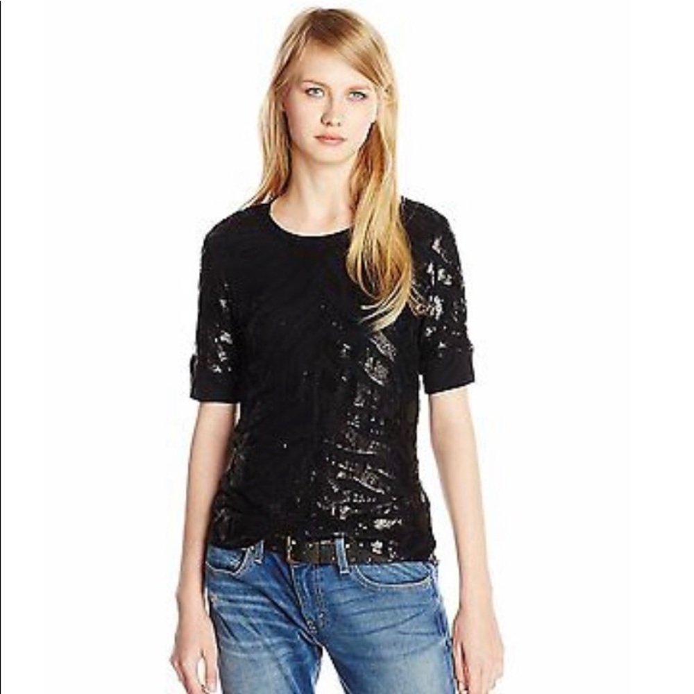Rebecca Taylor Black Tiger Sequined Knit Top